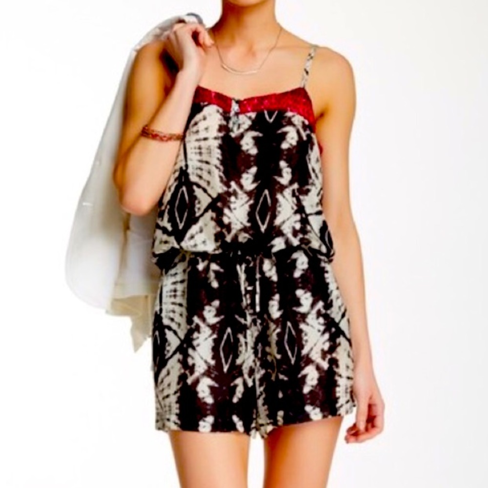 DaNang Evil Eye Silk Romper Black White Red Boho Summer Playsuit Pockets NWT